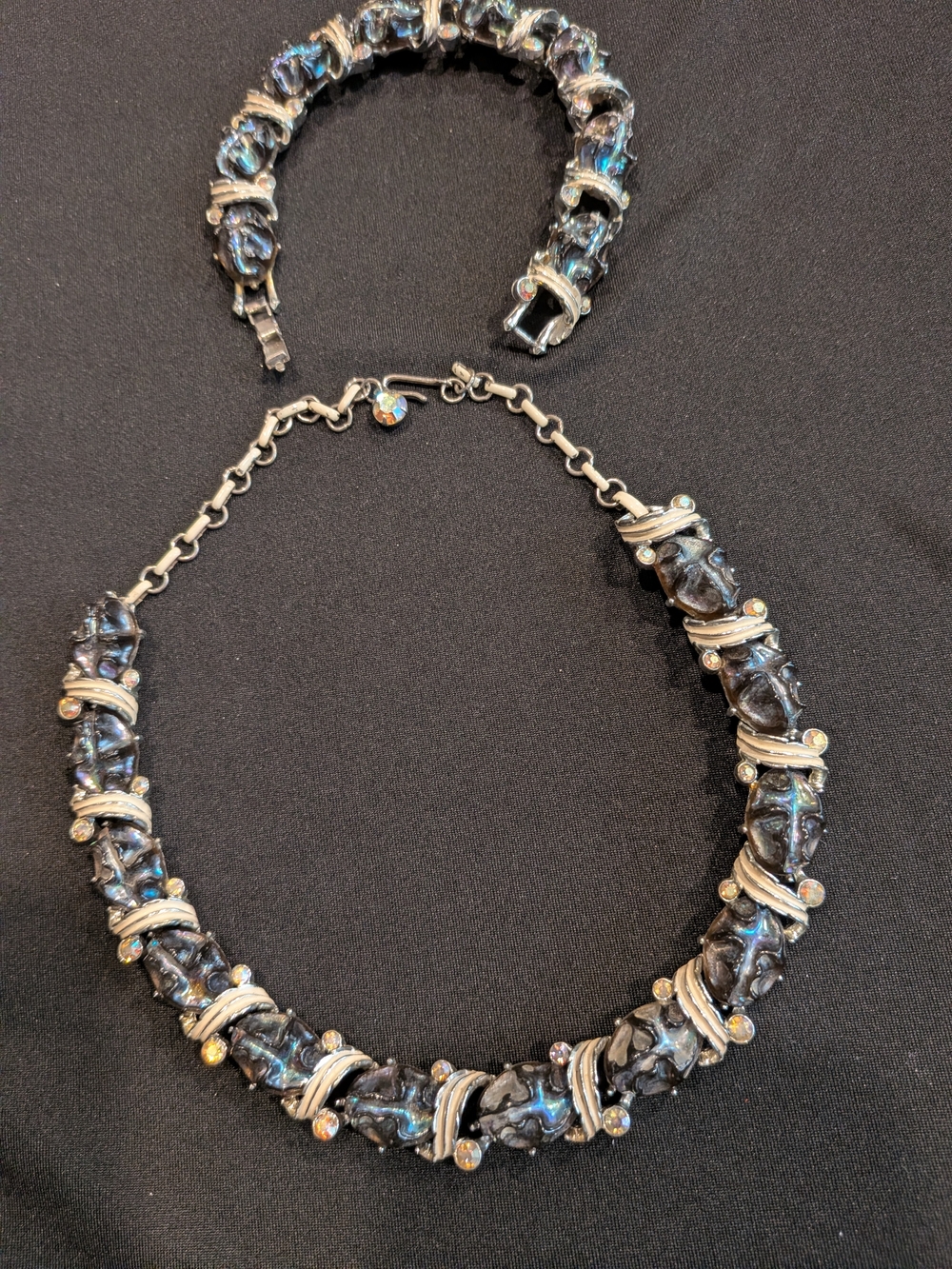Vintage 1960s Statement Black Iridescent Beaded Necklace and Bracelet Set